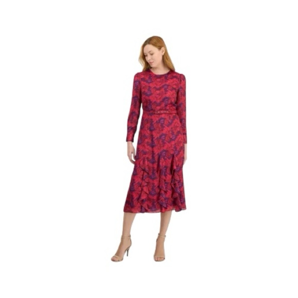Tahari ASL.  Pink purple belted cascading ruffled midi dress 14